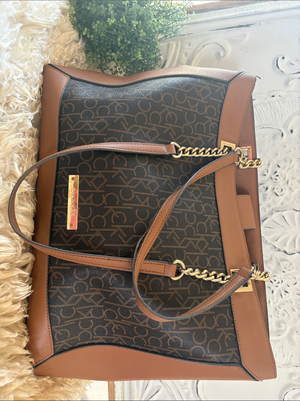Calvin Klein Brown and Black Monogram Shoulder Tote with Gold Chain Accents